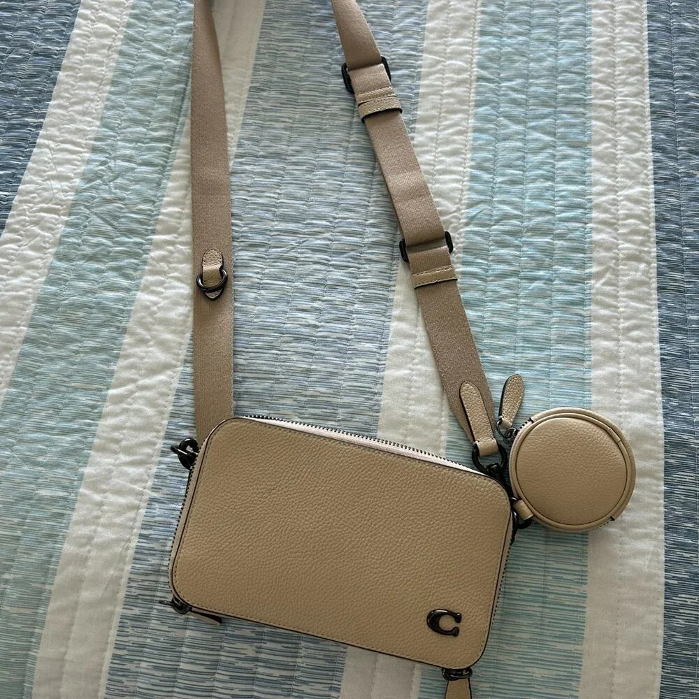 Coach Beige Pebbled Leather Crossbody with Coin Pouch